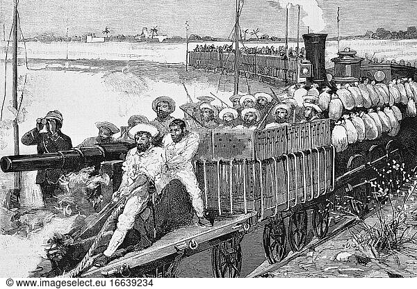 Alexandria  Ägypten  englische Linie  der von General Alison zur militärischen Aufklärung eingesetzte Panzerzug. Antike Illustration. 1882.