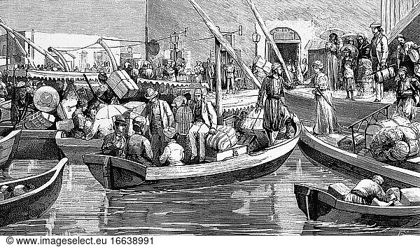 Alexandria  Ägypten  europäische Familien verlassen die Stadt  bevor die Bombardierung unmittelbar bevorsteht. Antike Illustration. 1882.
