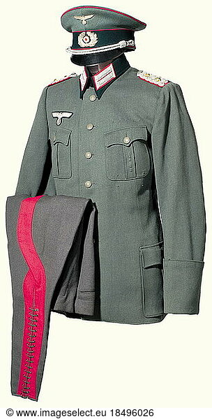 Alexis Baron von Roenne  a uniform ensemble as a Colonel at Army Headquarters Service cap  knit cloth  crimson trim  metal version of the national eagle and cap wreath. Very fine version barely worn. Field tunic with crimson trim. The collar patch has the special embroidery for the general staff. Hand embroidered national eagle. In the inside pocket is the tailor's label for the Stechbarth Company in Berlin bearing the typed owner's name 'von Roenne'. Clean condition with three moth holes. Stone grey breeches with crimson leg stripes. Legs lace up. Clean  no moth damage. Alexis Baron von Roenne (22.2.1903 - 12.10.1944) was head of the 'Foreign Armies East' department in Army HQ. He was arrested immediately after the attempt on Hitler's life on 20 July 1944  but then set free. Weeks later  he was again arrested  sentenced to death on 5 October 1944 by the national t historic  historical  1930s  20th century  army  armies  armed forces  military  militaria  object  objects  stills  clipping  clippings  cut out  cut-out  cut-outs