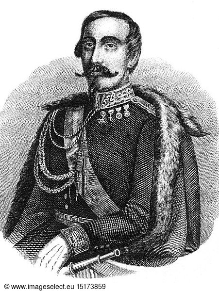 Alfons della Marmora geboren im Jahre 1812 zu Turin Kriegsminister in Sardinien Befehlshaber der sardinischen Armee im Krimkrieg kämpfte gegen die Russen vor Sewastopol. Lithographie aus: 'National-Kalender für alle Kronländer der kaiserl. königl. österreichschen Monarchie auf das Schaltjahr 1856' Lithograph W. Klimt herausgegeben von Carl Wilhelm Medow Leitmeritz / Prag