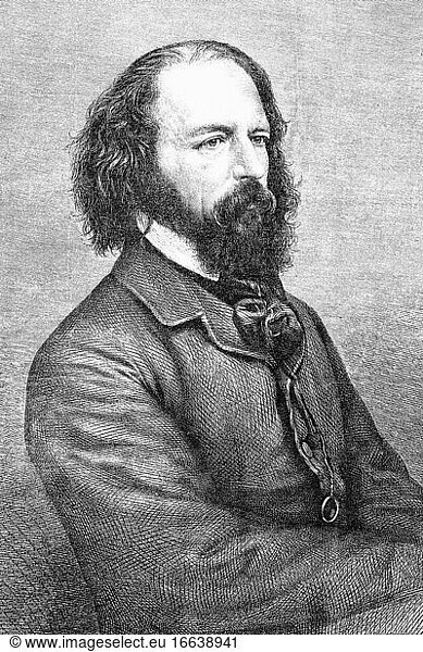 Alfred Lord Tennyson  Dichterfürst des Vereinigten Königreichs. 1809-1892. Antike Illustration. 1867.