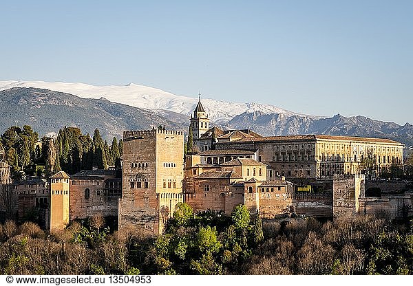 Alhambra auf dem Sabikah-Hügel  maurische Zitadelle  Nasridenpaläste  Palast von Karl dem Fünften  hinter Sierra Nevada mit Schnee  Granada  Andalusien  Spanien  Europa