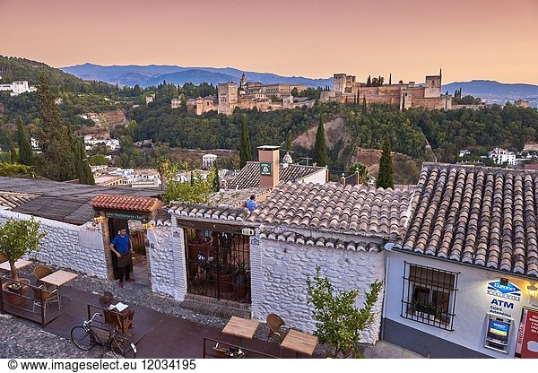 Alhambra  UNESCO World Heritage Site  Albaicin  Sierra Nevada and la Alhambra at Sunset  Granada  Andalusia  Spain.