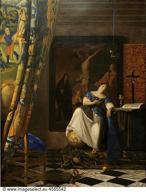 Allegory of the Catholic Faith  ca 1670–72  by Johannes Vermeer Dutch  1632–1675  Oil on canvas  45 x 35 in 114 3 x 88 9 cm  Metropolitan Museum of Art  New York City