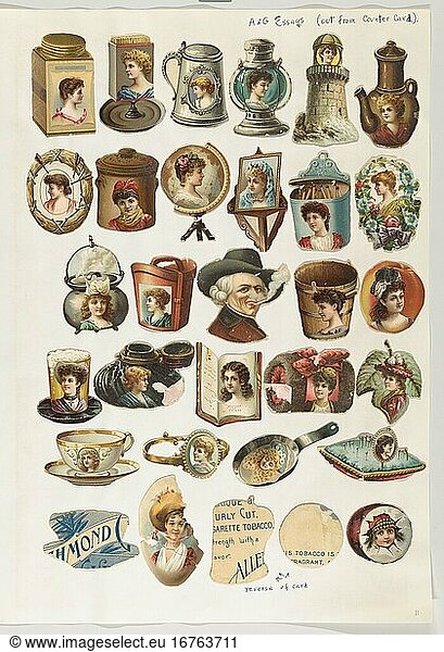 Allen & Ginter. Thirty-one cut-outs from advertising banner for Allen & Ginter Cigarettes  Print  ca. 1885–1893. Commercial color lithographs  38.4 × 31 cm.
Inv. Nr. 63.350.202.1
New York  Metropolitan Museum of Art.