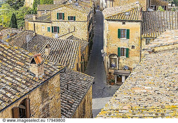 Alley with old stone houses  Montisi  Tuscany  Italy  Europe