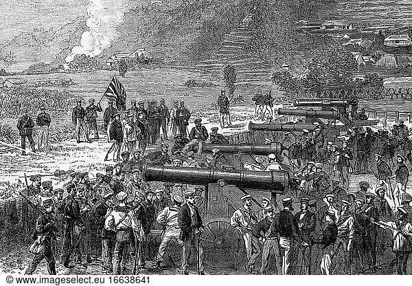 Alliierte Briten  Franzosen und Niederländer mit Kanonen  die von Japanern im September 1857 in Shimonoseki aufgegeben wurden. Antike Illustration. 1857.