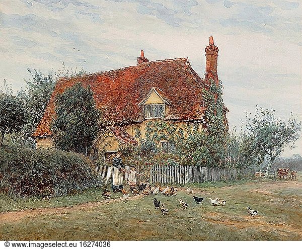 Allingham Helen - Feeding Time at the Cottage - Britische Schule - 19. Jahrhundert.
