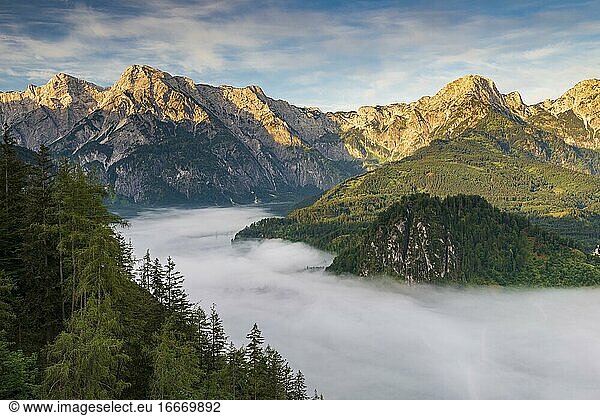 Almsee im Nebel  Totes Gebirge  Almtal  Salzkammergut  Upper Austria  Austria  Europe