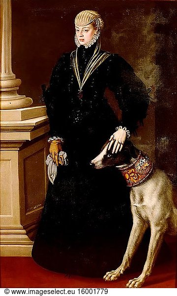 Alonso S?nchez Coello - Dona Juana 1535 1573 Princess of Portgual Full Length Portrait at the Age of 22 with a Mastiff.