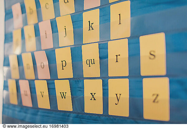 Alphabetische Karten auf blauer Tafel an der Wand der Grundschule.