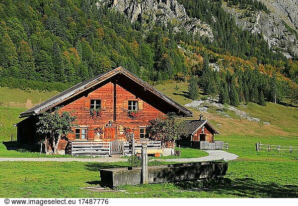Alpine hut in front of mountain range  autumn  Eng-Alm  Großer Ahornboden  Karwendel  Austria  Europe