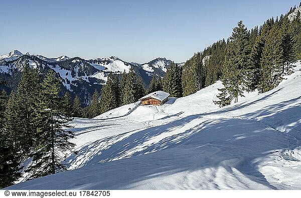 Alpine hut in winter  Mangfall Mountains  Bavaria  Germany  Europe