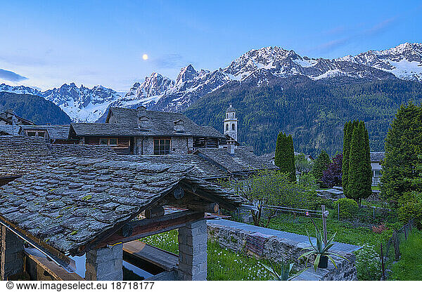 Alpine village of Soglio at dusk  Bregaglia Valley  Switzerland