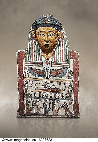 Altägyptische Mumienmaske aus Kartonnage mit Mumifizierungsszene  Pyolemäenzeit  (332-30 v. Chr.)  Ägyptisches Museum  Turin. Kat. 2250.
