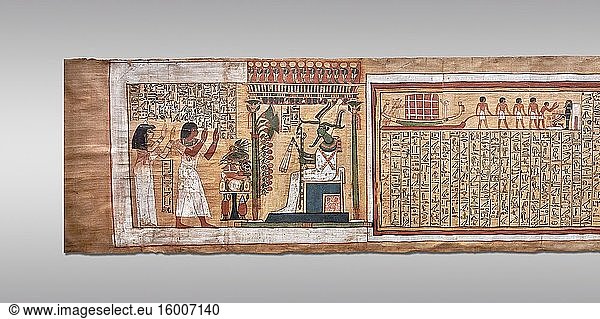 Altägyptisches Totenbuch Papyrus - Aus dem Grab von Kha & Merit  Thebanisches Grab 8  Mitte der 18. Dynastie (1550 bis 1292 v. Chr.)  Ägyptisches Museum Turin. Grauer Hintergrund.