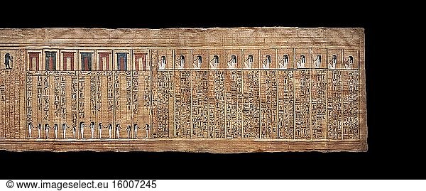 Altägyptisches Totenbuch Papyrus - Aus dem Grab von Kha  Thebanisches Grab 8  Mitte der 18. Dynastie (1550 bis 1292 v. Chr.)  Ägyptisches Museum Turin. Schwarzer Hintergrund.