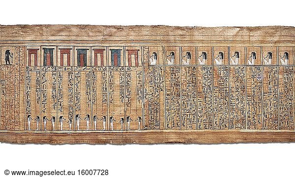 Altägyptisches Totenbuch Papyrus - Aus dem Grab von Kha  Thebanisches Grab 8  Mitte der 18. Dynastie (1550 bis 1292 v. Chr.)  Ägyptisches Museum Turin. weißer Hintergrund.