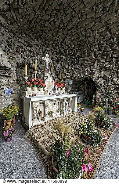 Altar with Christ Cross in Mary's Grotto  replica of the grotto of Lourdes  place of pilgrimage  Bad Salzschlirf  Vogelsberg and Röhn  Fulda  Hesse  Germany  Europe