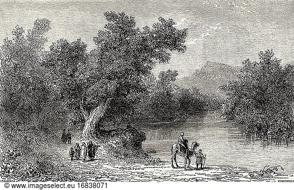 Alte Ansicht des Flusses Jordan  Israel. Alte gestochene Illustration aus dem 19. Jahrhundert Reise nach Jerusalem von Alphonse de Lamartine aus El Mundo en La Mano 1879.