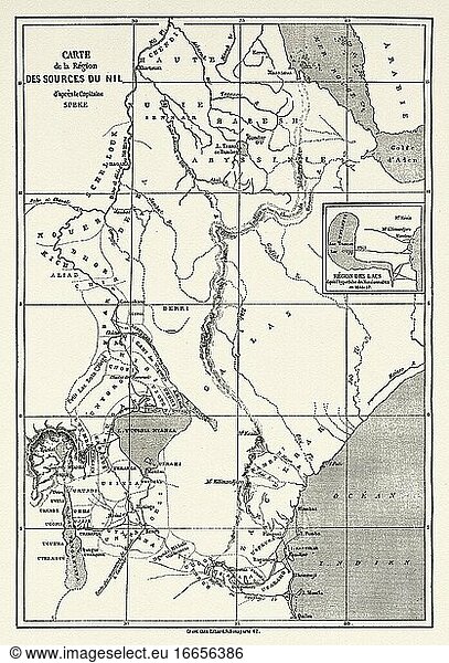Alte Karte der Region der Nilquellen  Afrika. Alte XIX Jahrhundert gestochen von Le Tour du Monde 1864.