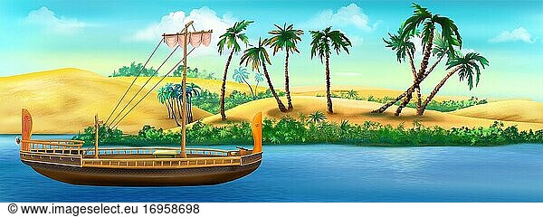 Altes Papyrusboot am Ufer des Nils in Ägypten an einem sonnigen Sommertag. Digitale Malerei  Illustration.