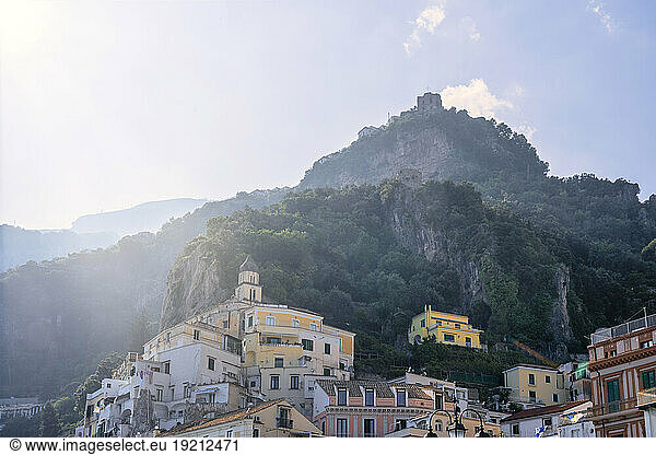 Amalfi town with houses on sunny day