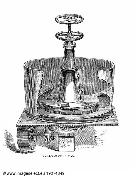 Amalgamating Pan. The Pan amalgamation process is a method to extract silver from ore  using mercury. The process was widely used from 1609 through the 1800s  it is no longer used. Harper?s New Monthly Magazine December 1878
