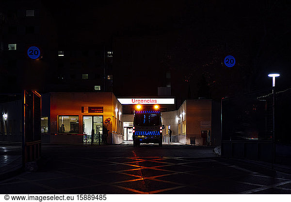 Ambulance on emergency mission at hospital  Madrid  Spain