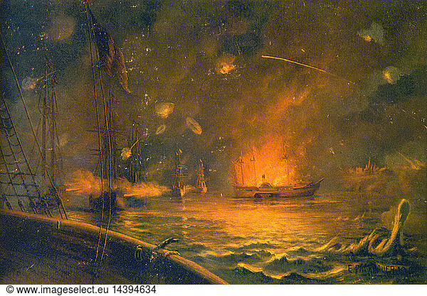 American Civil War 1861-1865: Bombardment of Port Hudson 14 March 1863. Fleet of seven Union vessels attempted to run past Port Hudson to blockade Red River. Five vessels lost but remaining two able to block mouth of river.