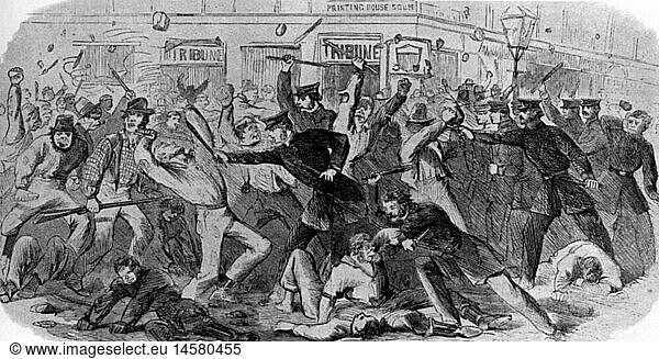 American Civil War 1861 - 1865  politics  New York City draft riots  13. - 16.7.1863  rioters fighting with the police  contemporary wood engraving  uprising  rising  uprisings  riot  rumpus  revolt  draft  induction  conscription  conscription  general conscription  mob  rabble  tussle  tussling  tussle  tussling  beating  beat  violence  policeman  policemen  NYPD  civilian  civilians  people  crowd  domestic policy  home policy  USA  United States of America  19th century  historic  historical