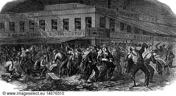 American Civil War 1861 - 1865  politics  New York City draft riots  13. - 16.7.1863  the Brooks Brothers clothing store is looted  contemporary wood engraving  uprising  rising  uprisings  riot  rumpus  revolt  draft  induction  conscription  conscription  general conscription  mob  rabble  loot  looting  people  crowd  poverty  civilian  civilians  domestic policy  home policy  USA  United States of America  19th century  historic  historical