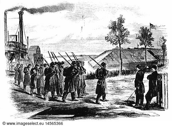 American Civil War 1861 - 1865  soldiers of the 1st Louisiana Native Guard (USA) disembarking at Fort Macombe  Louisiana  wood engraving  'Harper's Weekly'  28.2.1863