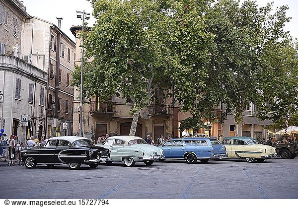 American classic cars parking  Piazza Simoncelli  Senigallia  Marche  Italy  Europe