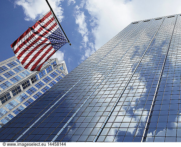 American Flag Against Office Buildings