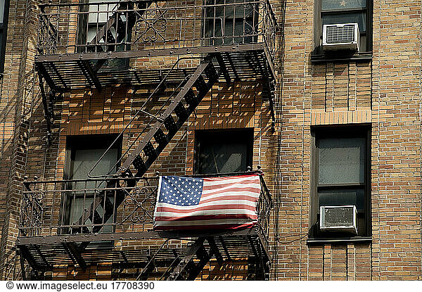 American Flag Outside An Apartments Building In Chelsea  Manhattan  New York  Usa