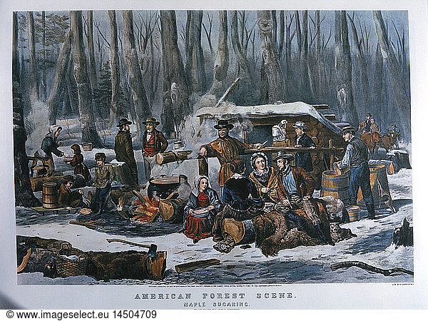American forest Scene  Maple Sugaring  Currier & Ives  Lithograph  1856