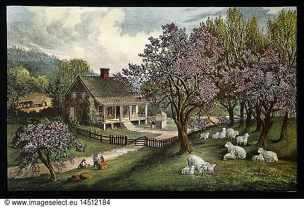 American Homestead  Spring  Currier & Ives  Lithograph  1869