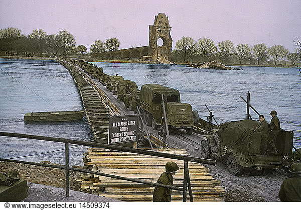 American Infantrymen and Trucks Crossing the Rhine near Worms  Germany  Central Europe Campaign  Western Allied Invasion of Germany  1945