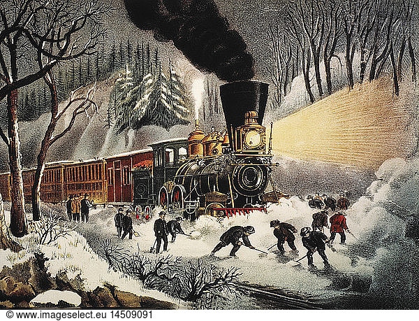 American Railroad Scene  Snow Bound  Lithograph  Currier & Ives  1871