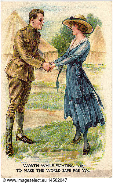American Soldier and Wife Holding Hands  Worth While Fighting For  To Make the World Safer for You  WWI Postcard  1917