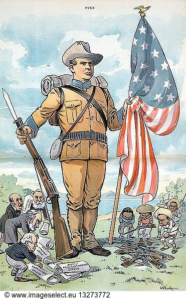American soldier holding a rifle and the American flag