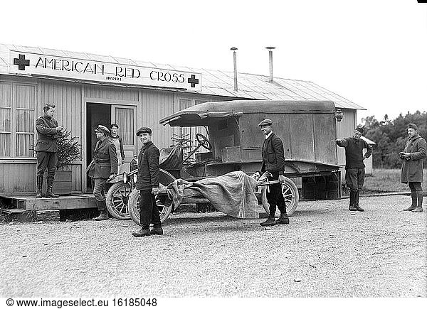 American Soldier with bad leg Wound arriving at American Red Cross Hospital close behind front line  Neufchateau  France  Lewis Wickes Hine  American National Red Cross Photograph Collection  June 1918