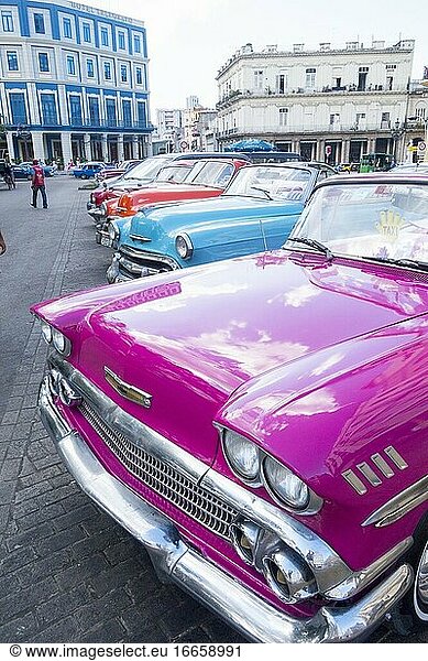 Amerikanische Autos in Havanna. Viele werden als Taxi benutzt.