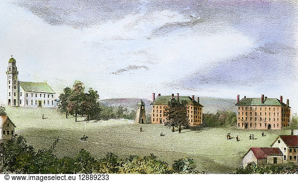 AMHERST COLLEGE  1824.Amherst College at Amherst Massachusetts  as it looked in 1824. American lithograph  1863.