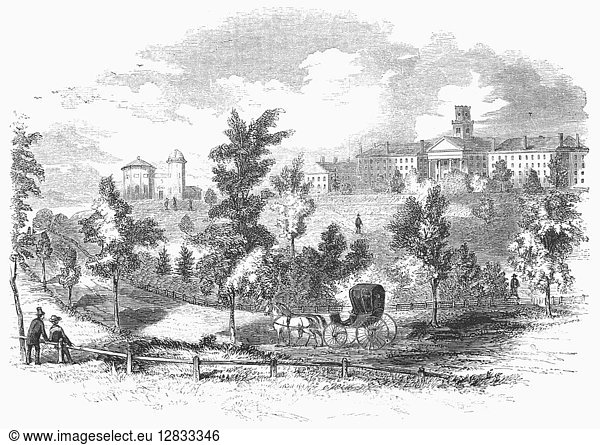 AMHERST COLLEGE  1855. Colleges and observatory at Amherst College  Massachusetts. Wood engraving  1855.