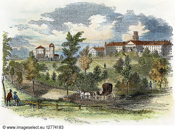 AMHERST COLLEGE  1855. Colleges and observatory in Amherst  Massachusetts. Wood engraving  American  1855.