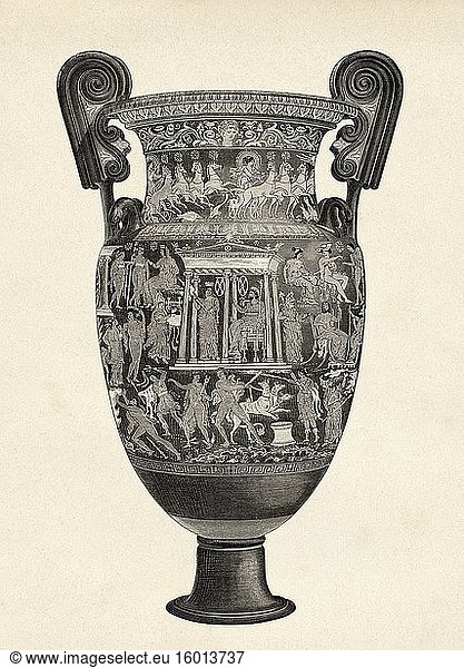 Amphora mit Zeichnungen aus der griechischen Kultur  Antikes Griechenland. Alte gestochene Illustration aus dem 19. Jahrhundert  El Mundo Ilustrado 1880.