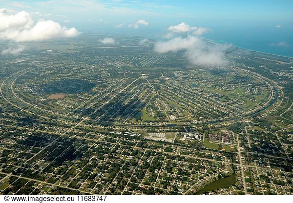 An aerial photo of Rotonda West  Florida shows the spoke-like design of the development.