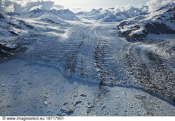 An aerial view of the Chugach Mountains and the west branch of the Columbia Glacier  near Valdez  Alaska.